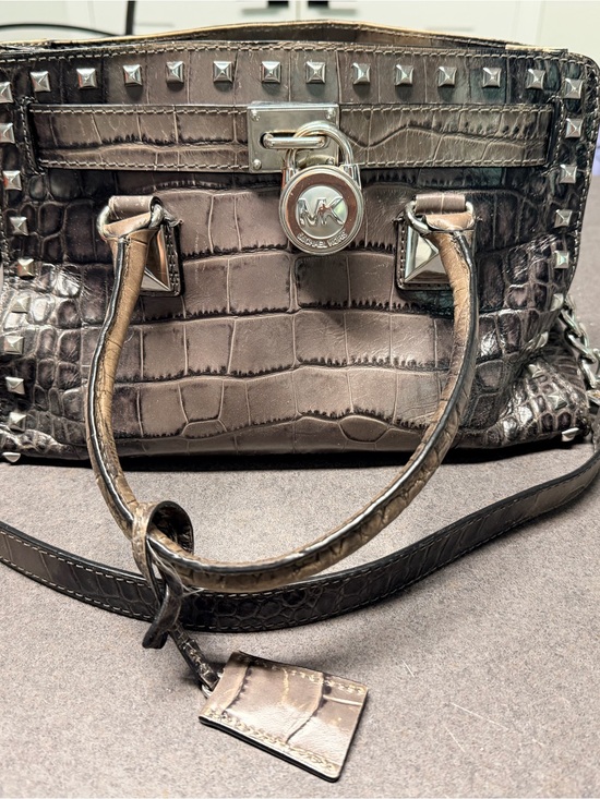 Michael Kors Handbags - Michael Kors Metallic Croc-Embossed Studded Satchel in Bronze Brown